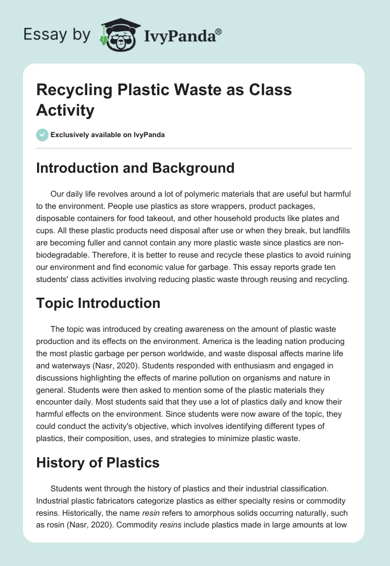 Recycling Plastic Waste as Class Activity. Page 1