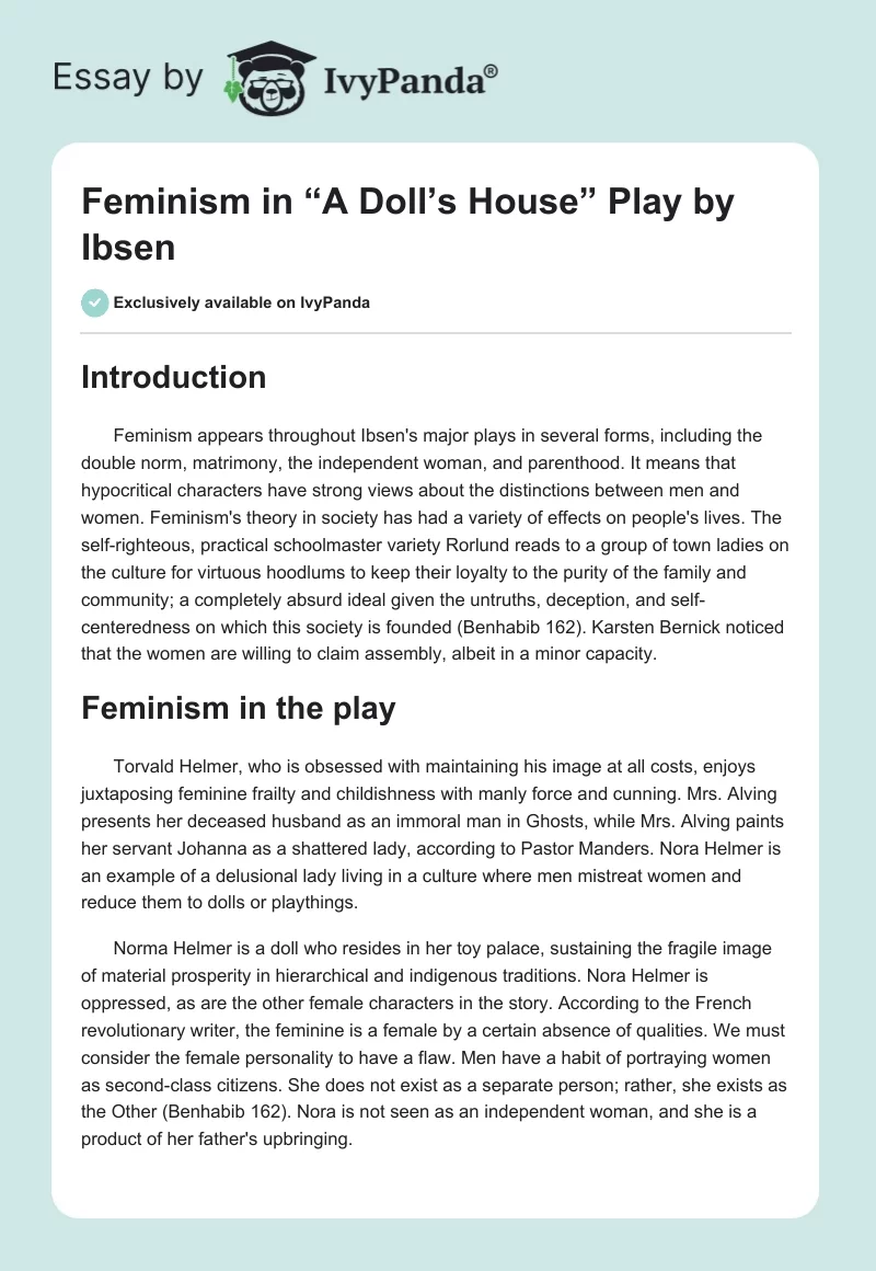 Feminism in “A Doll’s House” Play by Ibsen. Page 1