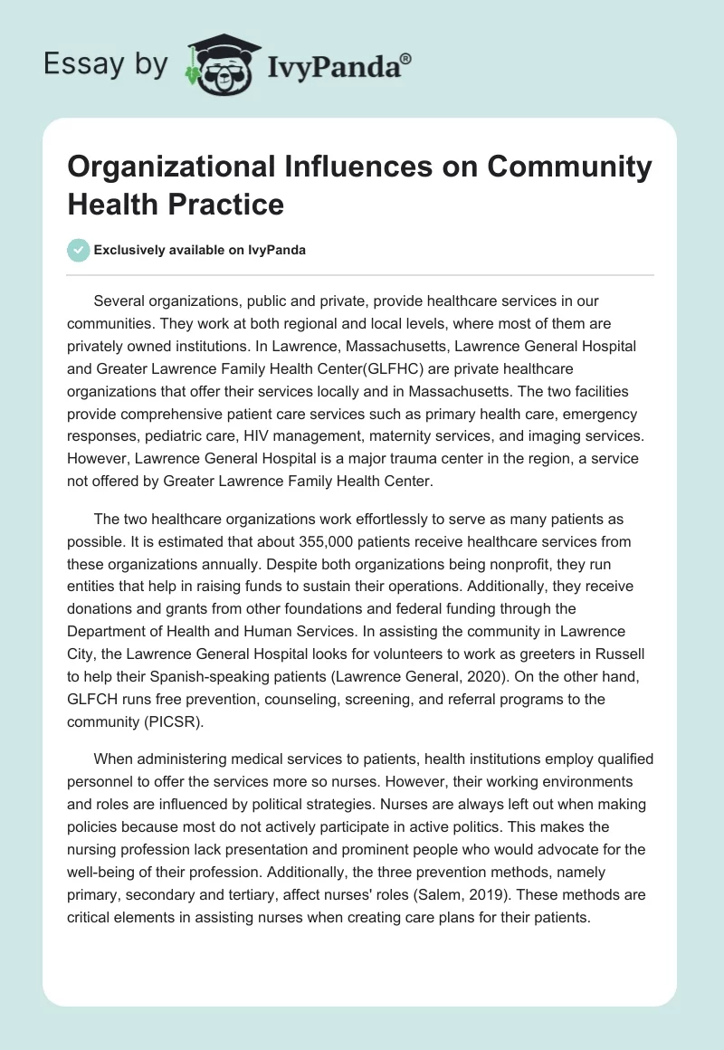 Organizational Influences on Community Health Practice. Page 1