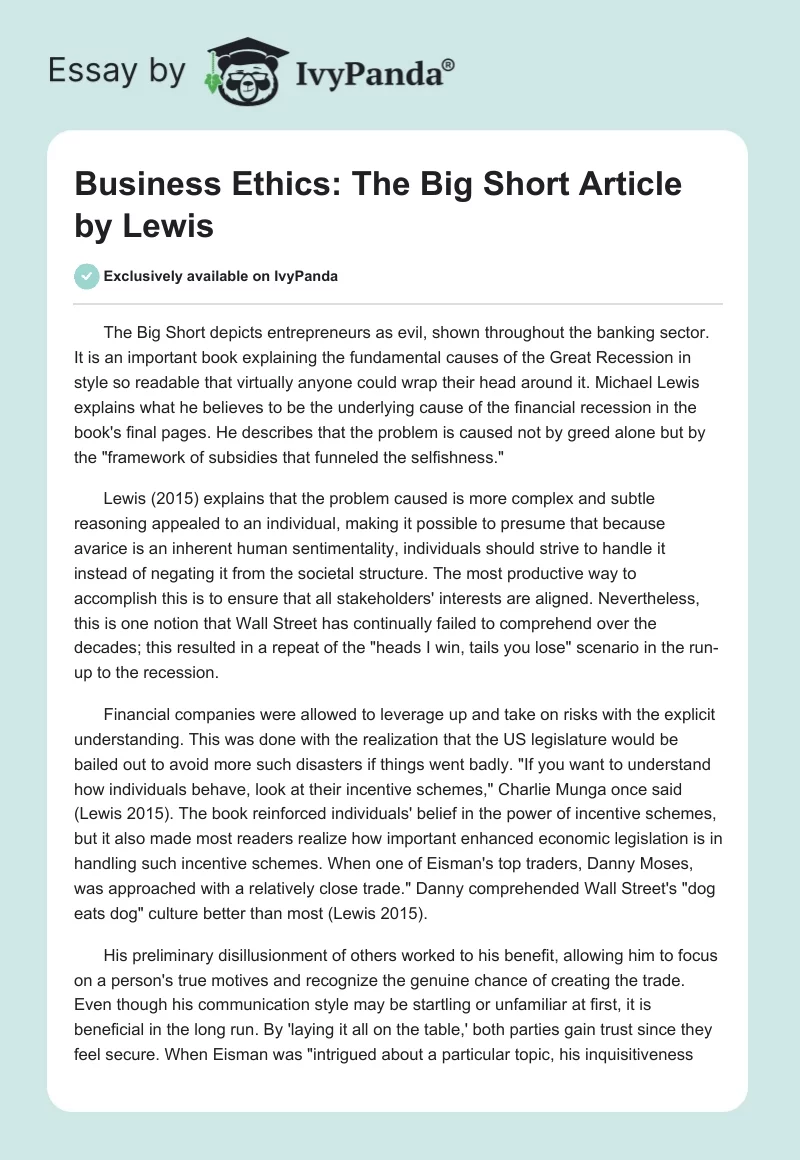 Business Ethics: The Big Short Article by Lewis. Page 1