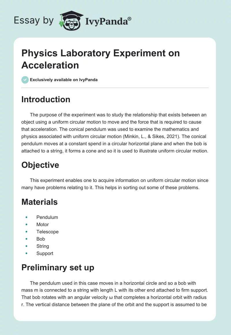 Physics Laboratory Experiment on Acceleration. Page 1