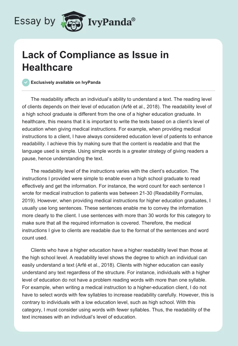 Lack of Compliance as Issue in Healthcare. Page 1