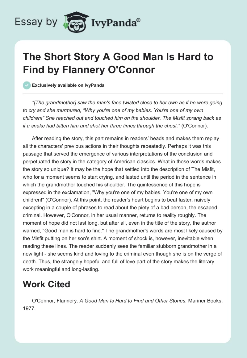 The Short Story "A Good Man Is Hard to Find" by Flannery O'Connor. Page 1
