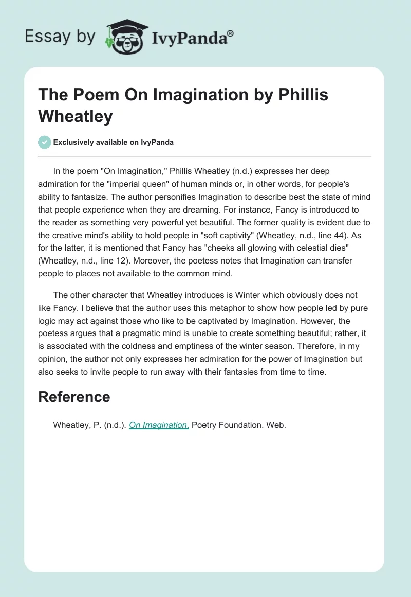 The Poem "On Imagination" by Phillis Wheatley. Page 1