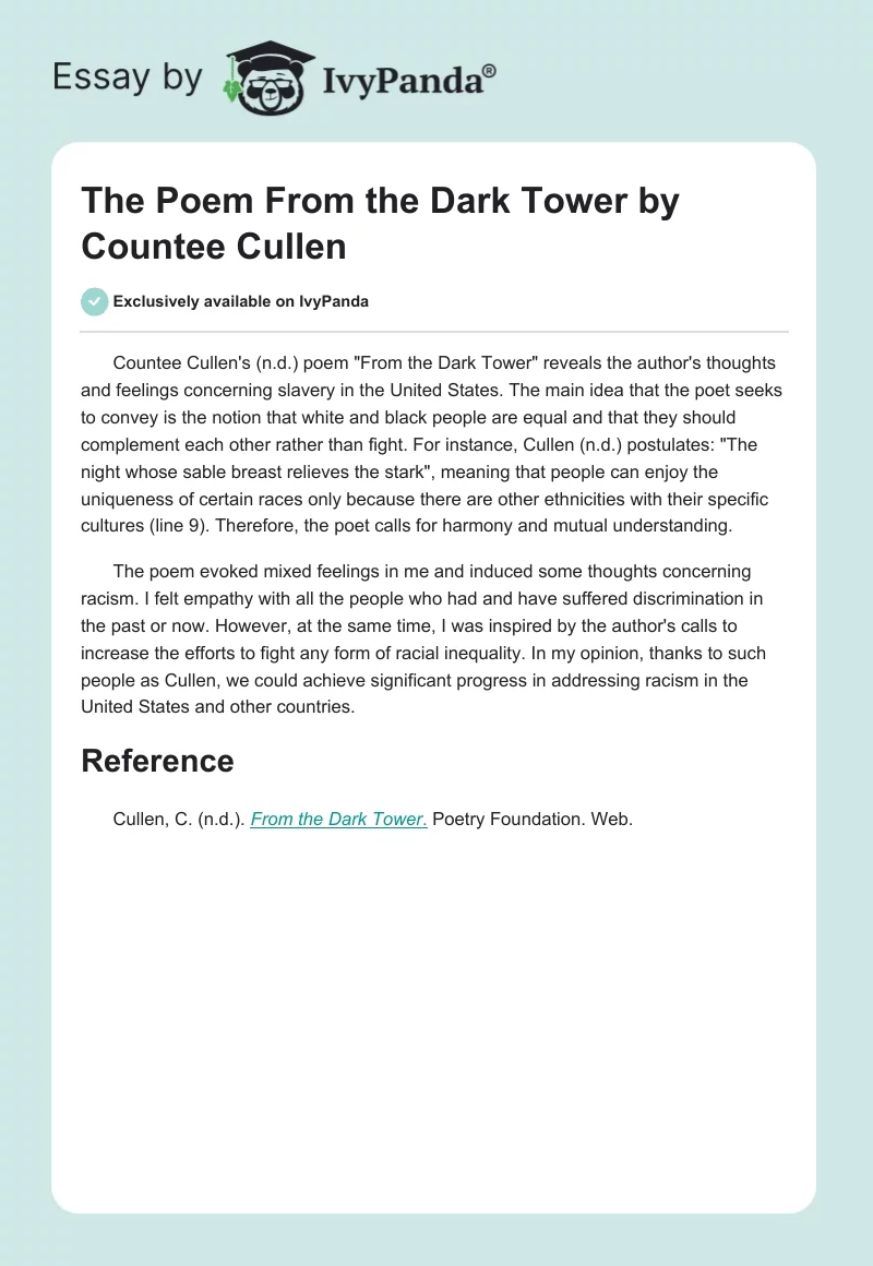 The Poem "From the Dark Tower" by Countee Cullen. Page 1
