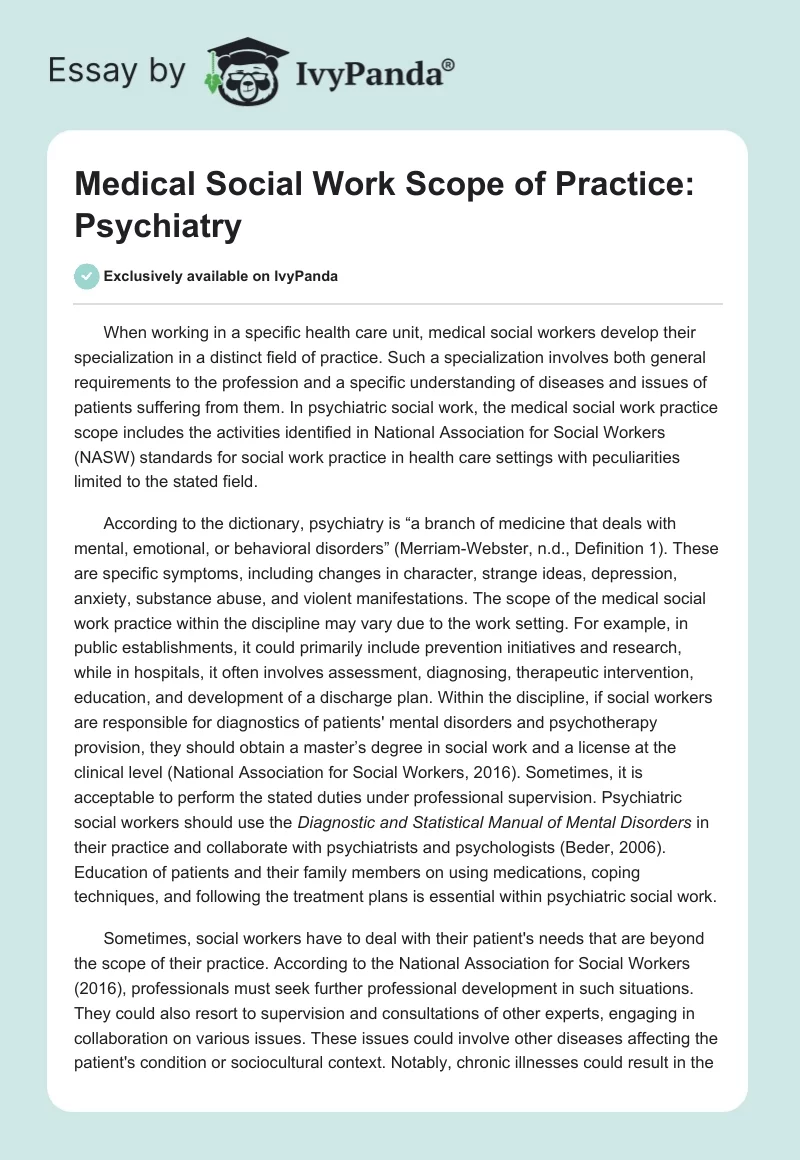 Medical Social Work Scope of Practice: Psychiatry. Page 1