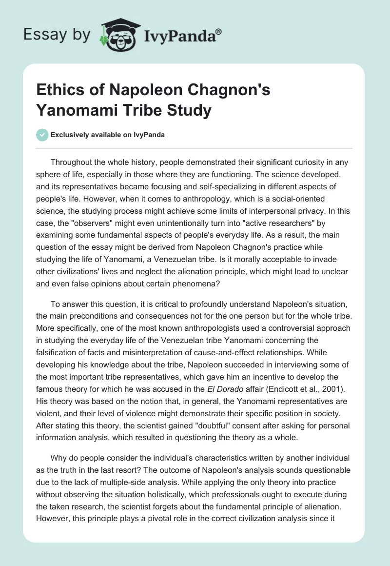 Ethics of Napoleon Chagnon's Yanomami Tribe Study. Page 1