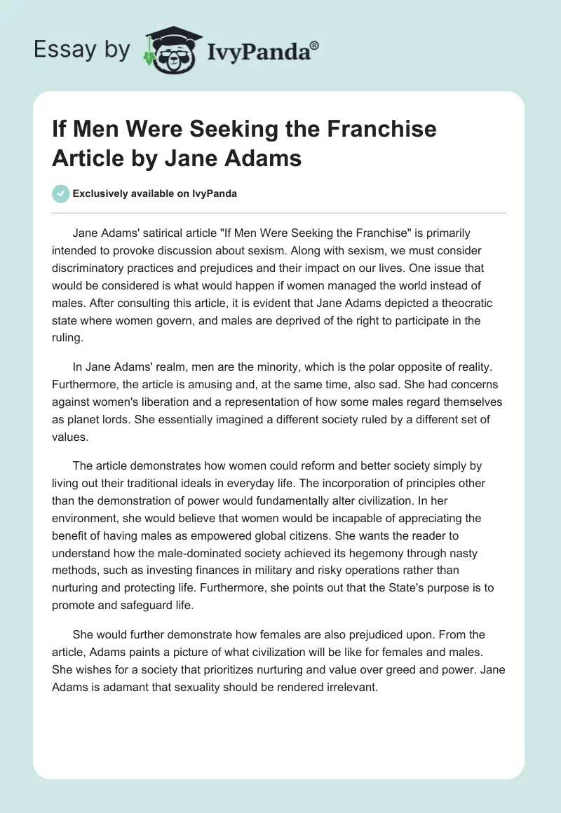 "If Men Were Seeking the Franchise" Article by Jane Adams. Page 1
