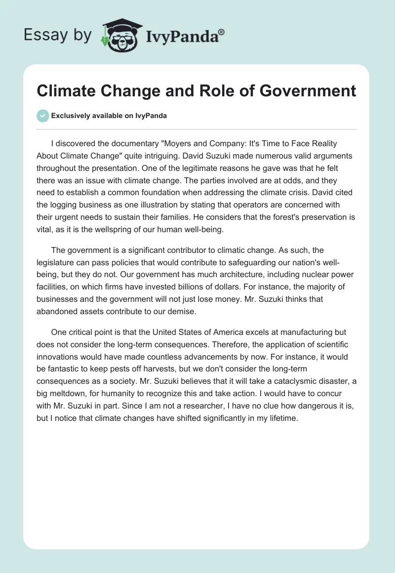 Climate Change and Role of Government. Page 1