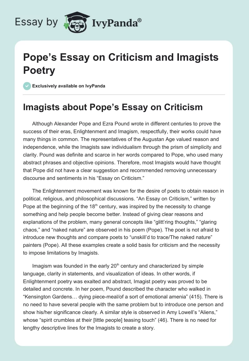 Pope’s Essay on Criticism and Imagists Poetry. Page 1