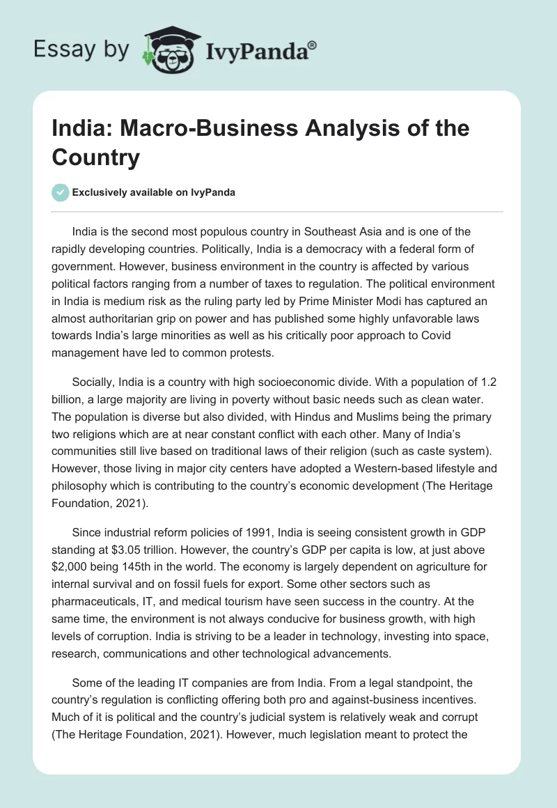 India: Macro-Business Analysis of the Country. Page 1
