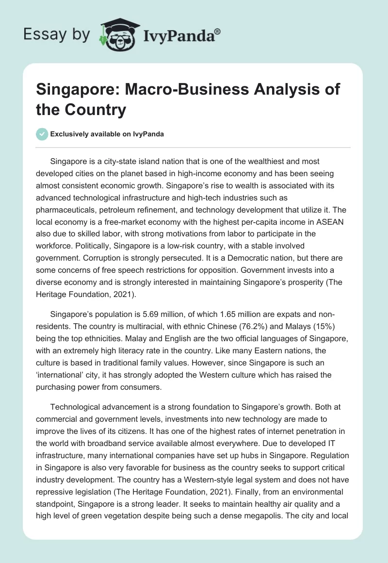 Singapore: Macro-Business Analysis of the Country. Page 1