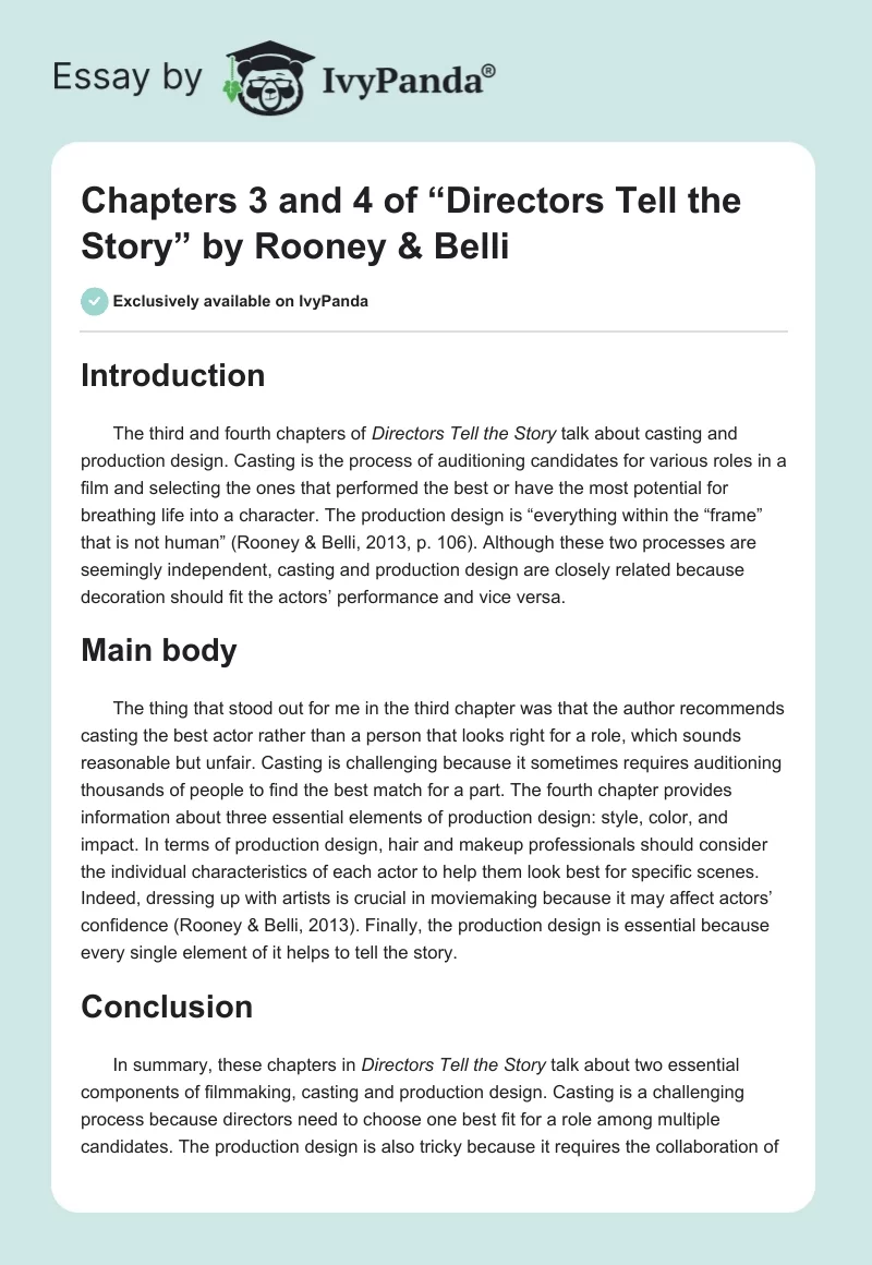 Chapters 3 and 4 of “Directors Tell the Story” by Rooney & Belli. Page 1