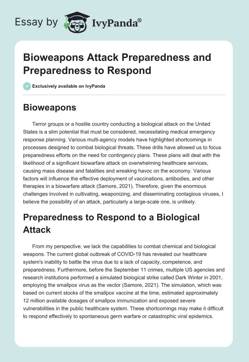 Bioweapons Attack Preparedness and Preparedness to Respond. Page 1