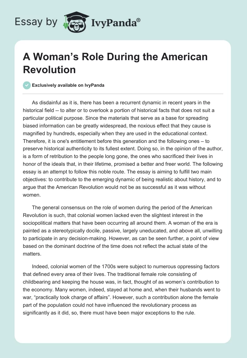 A Woman’s Role During the American Revolution. Page 1