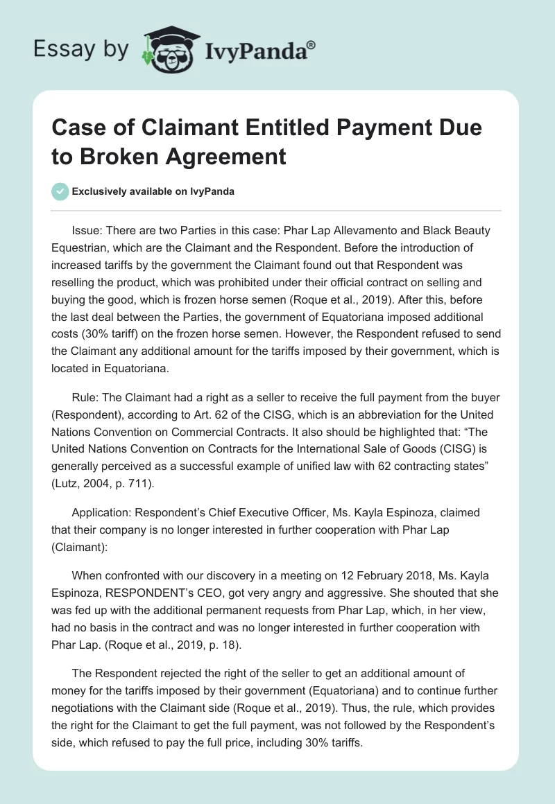 Case of Claimant Entitled Payment Due to Broken Agreement. Page 1