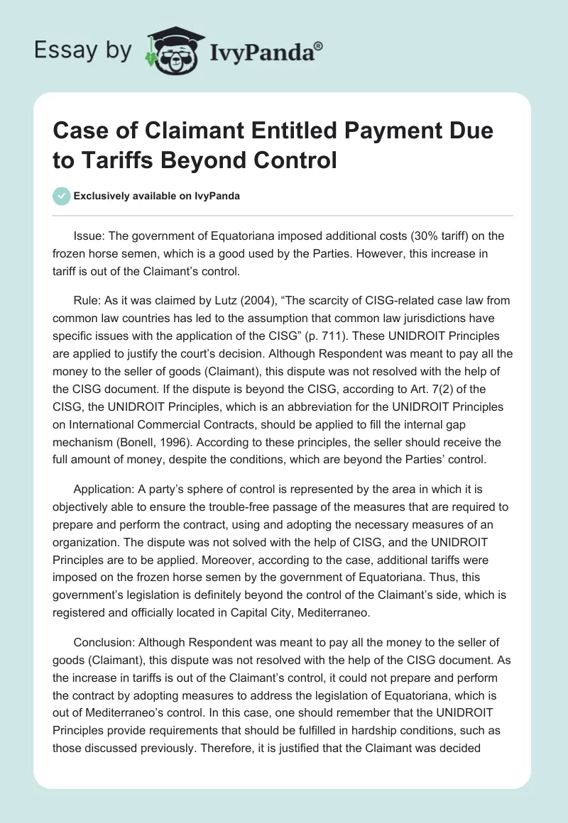 Case of Claimant Entitled Payment Due to Tariffs Beyond Control. Page 1