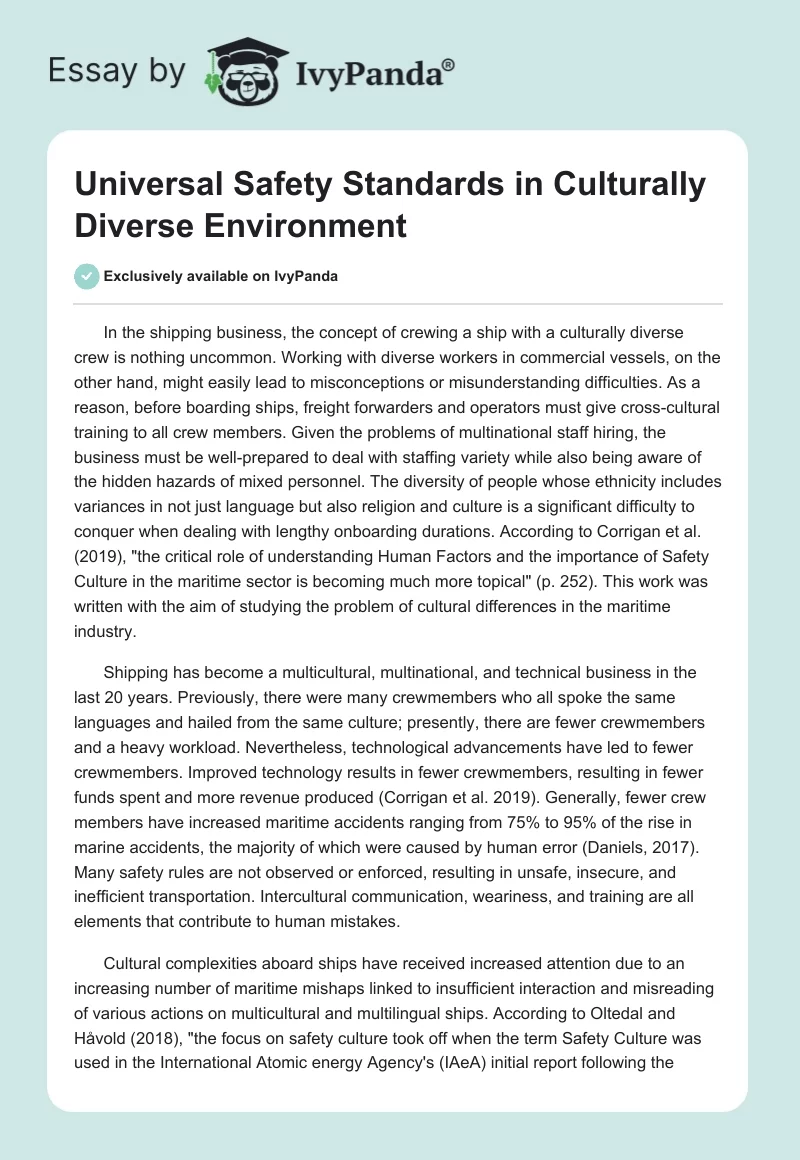 Universal Safety Standards in Culturally Diverse Environment. Page 1
