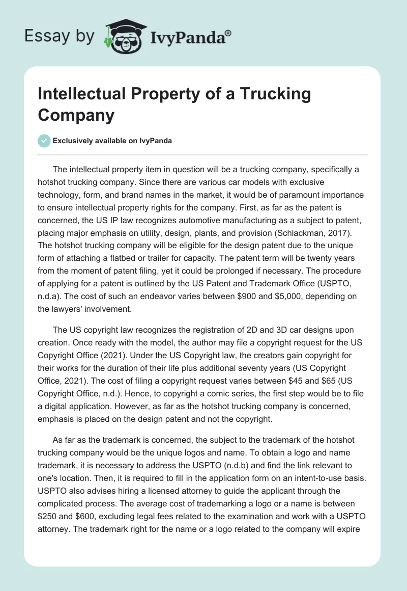Intellectual Property of a Trucking Company. Page 1