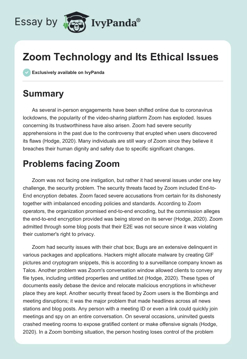 Zoom Technology and Its Ethical Issues. Page 1