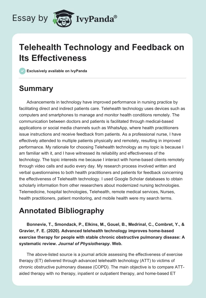 Telehealth Technology and Feedback on Its Effectiveness. Page 1