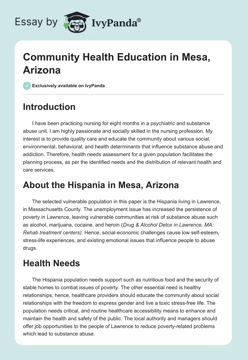 Community Health Education in Mesa, Arizona. Page 1
