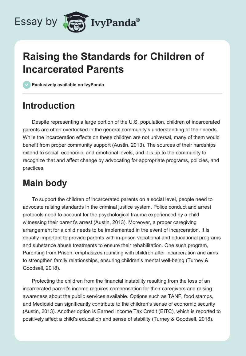 Raising the Standards for Children of Incarcerated Parents. Page 1