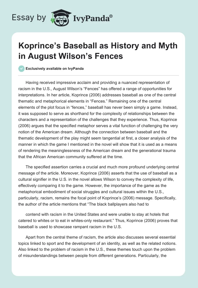 Koprince’s "Baseball as History and Myth in August Wilson’s Fences". Page 1