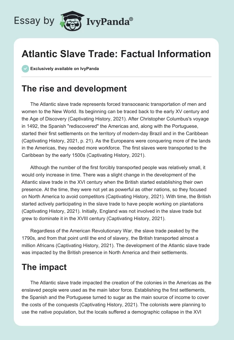 Atlantic Slave Trade: Factual Information. Page 1