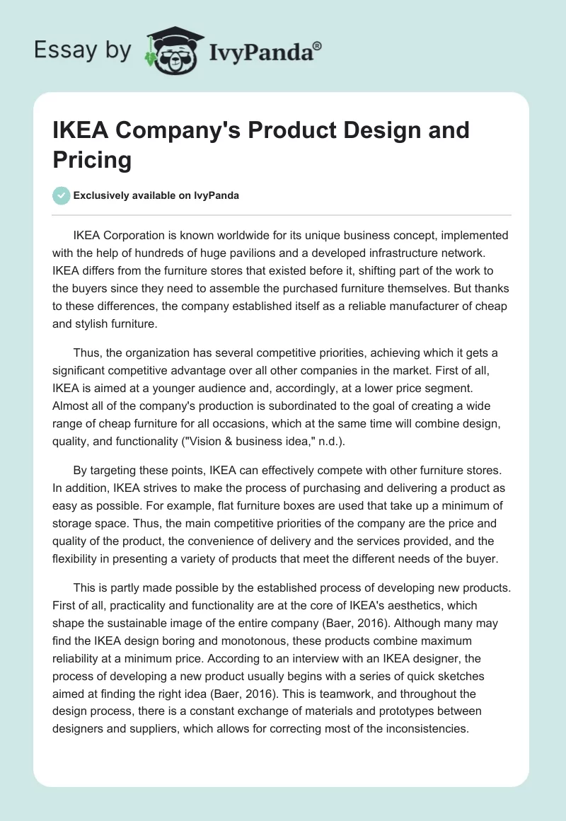 IKEA Company's Product Design and Pricing. Page 1