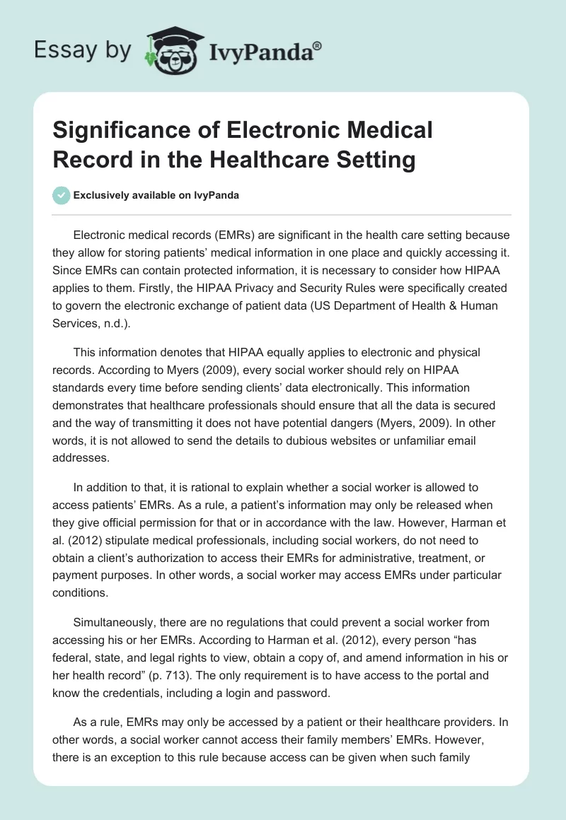 Significance of Electronic Medical Record in the Healthcare Setting. Page 1