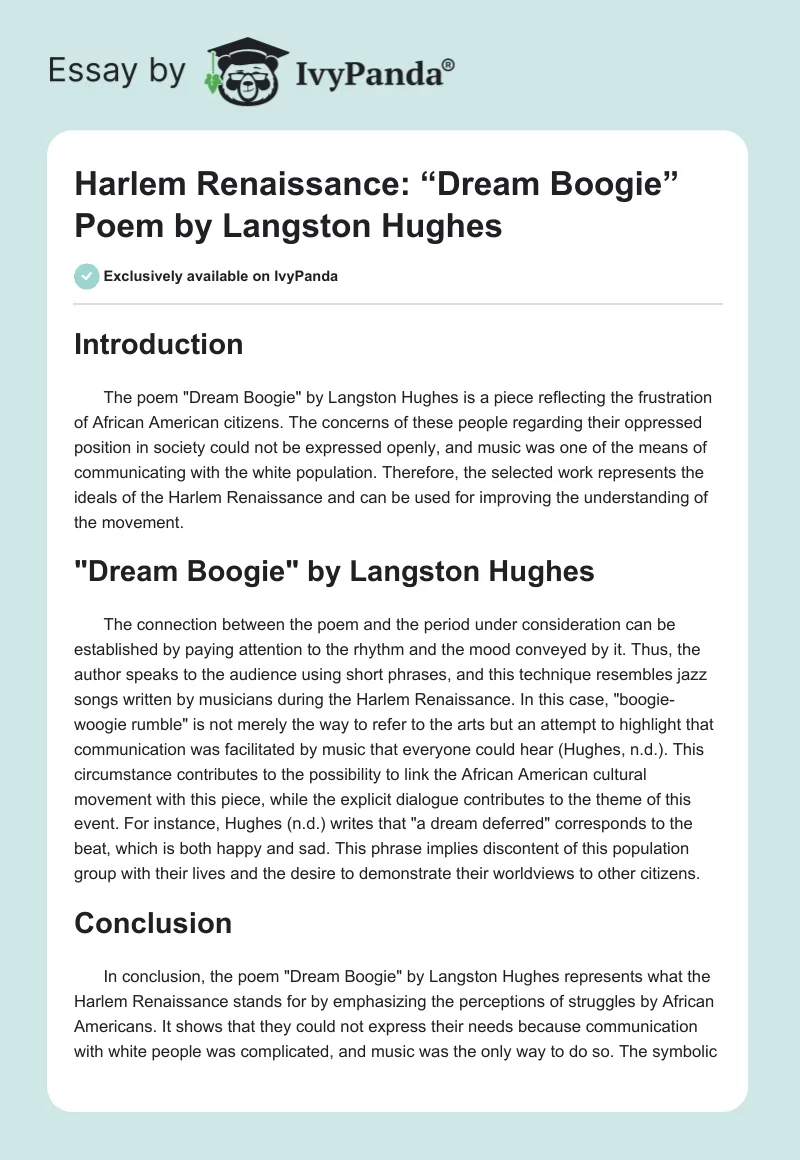 Harlem Renaissance: “Dream Boogie” Poem by Langston Hughes. Page 1