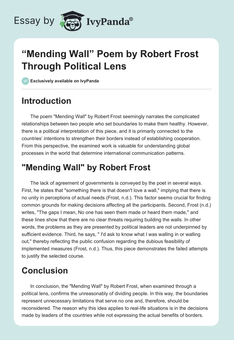 “Mending Wall” Poem by Robert Frost Through Political Lens. Page 1