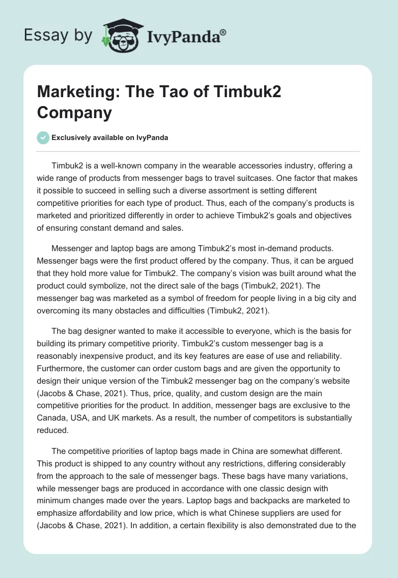 Marketing: The Tao of Timbuk2 Company. Page 1