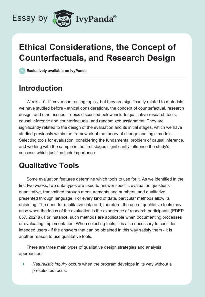 Ethical Considerations, the Concept of Counterfactuals, and Research Design. Page 1
