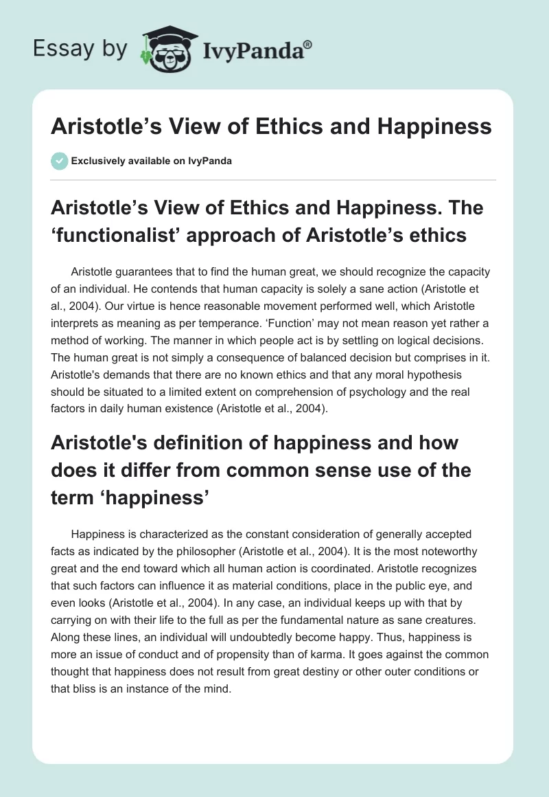 Aristotle’s View of Ethics and Happiness. Page 1