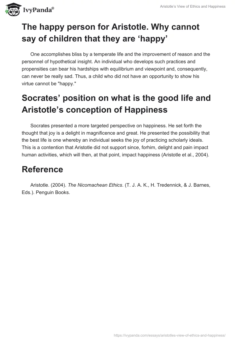 Aristotle’s View of Ethics and Happiness. Page 2