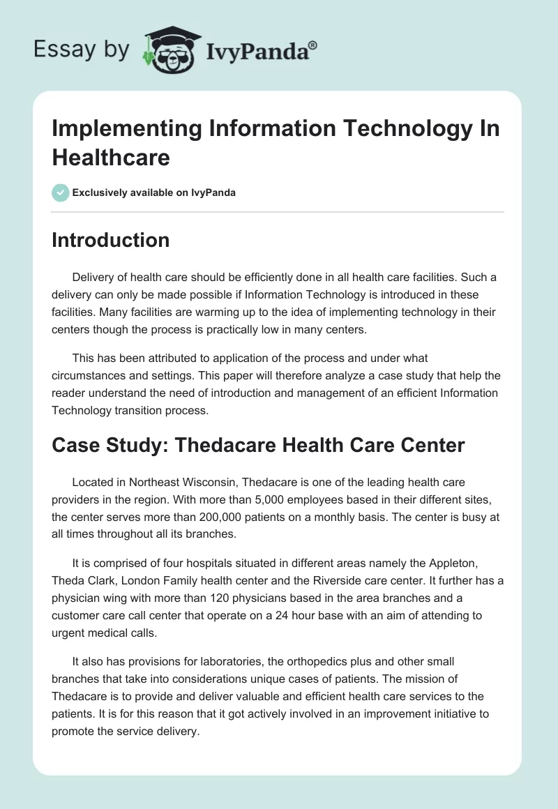 Implementing Information Technology In Healthcare. Page 1