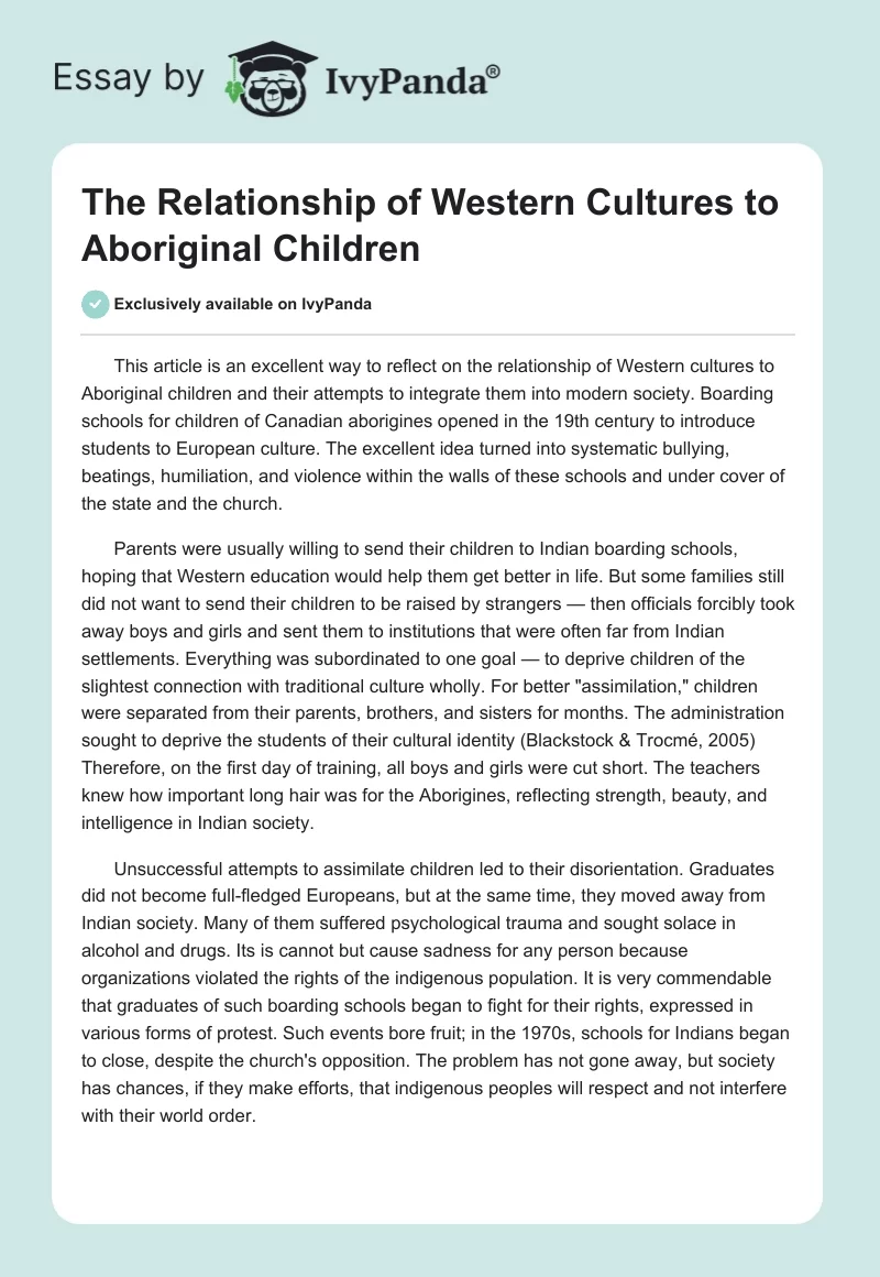 The Relationship of Western Cultures to Aboriginal Children. Page 1