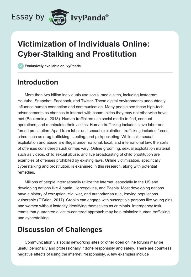 Victimization of Individuals Online: Cyber-Stalking and Prostitution. Page 1
