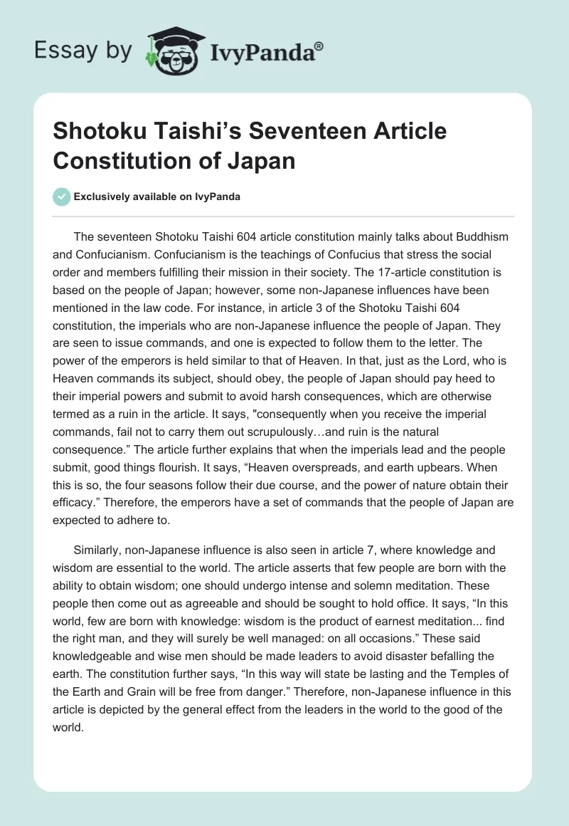 Shotoku Taishi’s Seventeen Article Constitution of Japan. Page 1