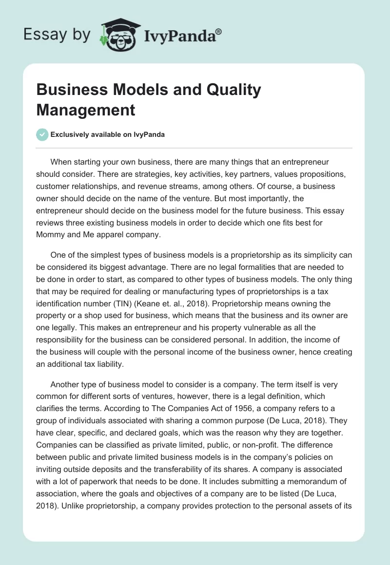 Business Models and Quality Management. Page 1