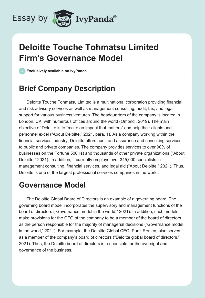 Deloitte Touche Tohmatsu Limited Firm's Governance Model. Page 1