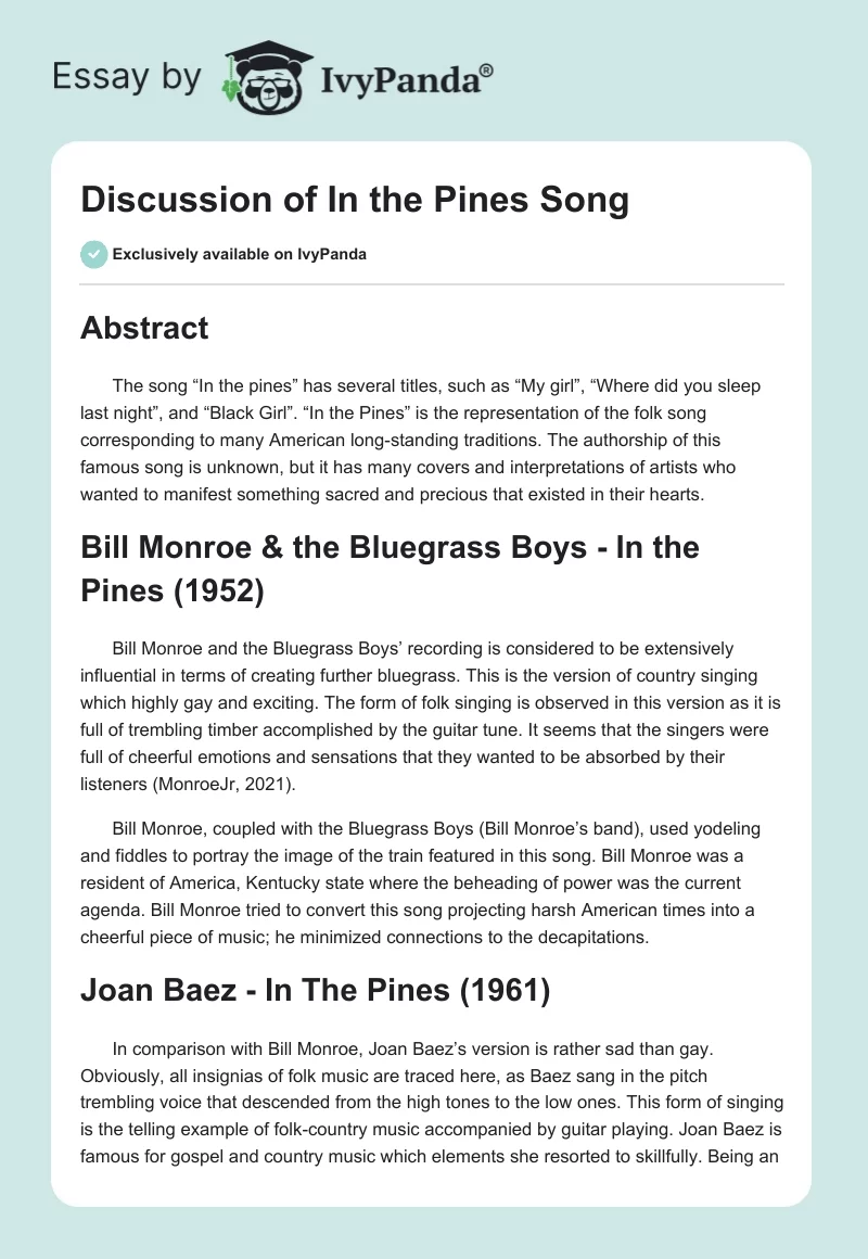 Discussion of "In the Pines" Song. Page 1