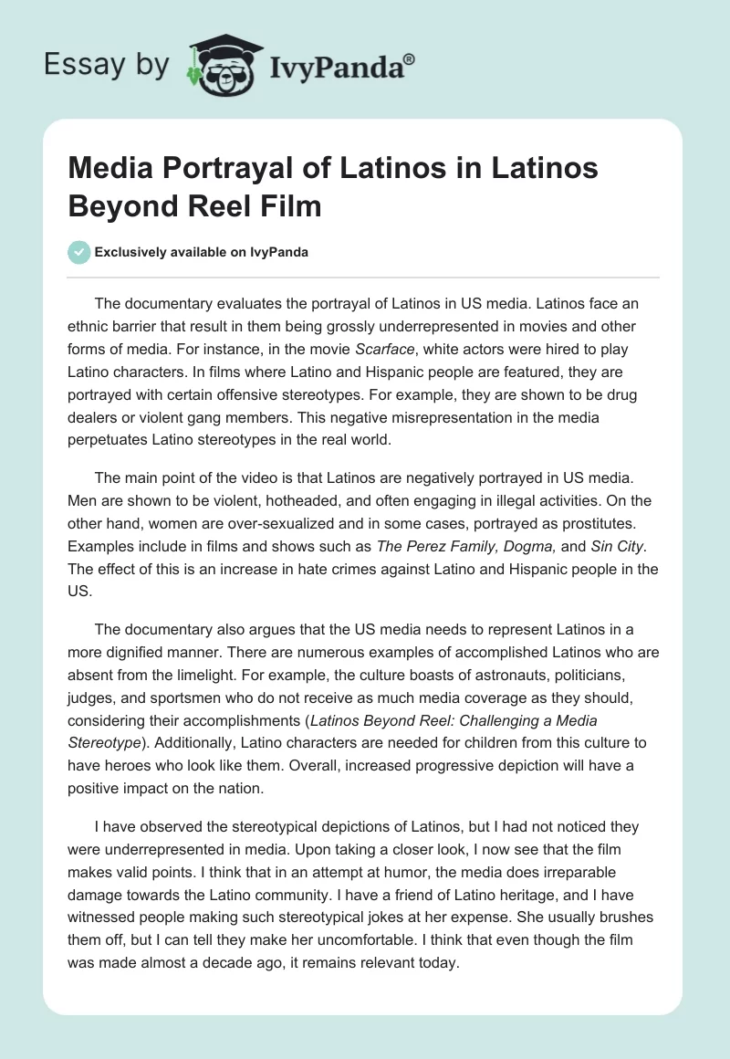 Media Portrayal of Latinos in "Latinos Beyond Reel" Film. Page 1