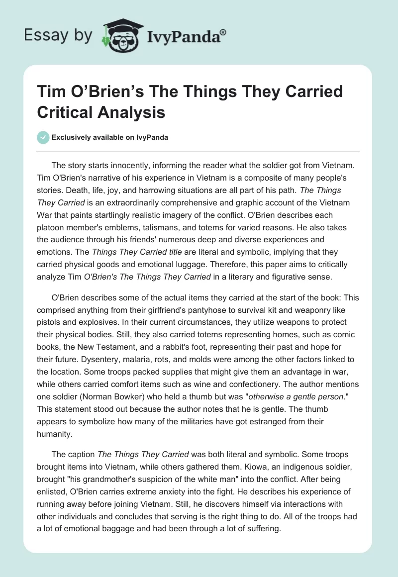 Tim O’Brien’s The Things They Carried Critical Analysis. Page 1