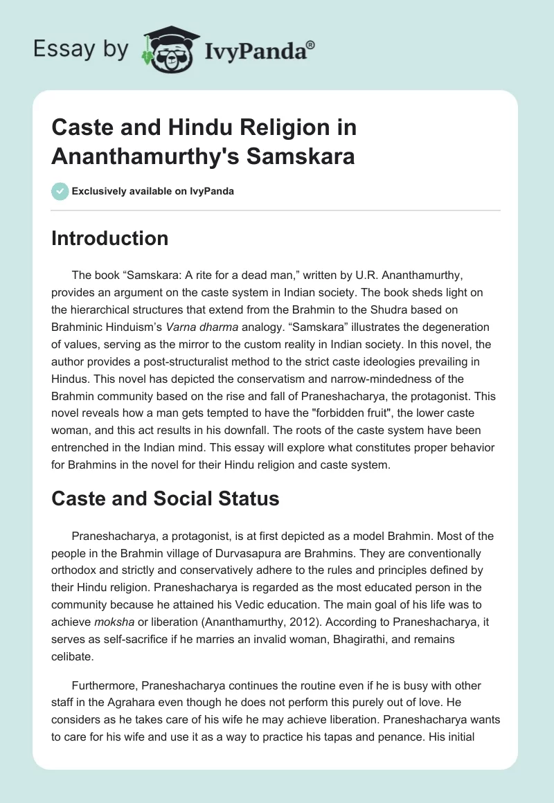 Caste and Hindu Religion in Ananthamurthy's Samskara. Page 1