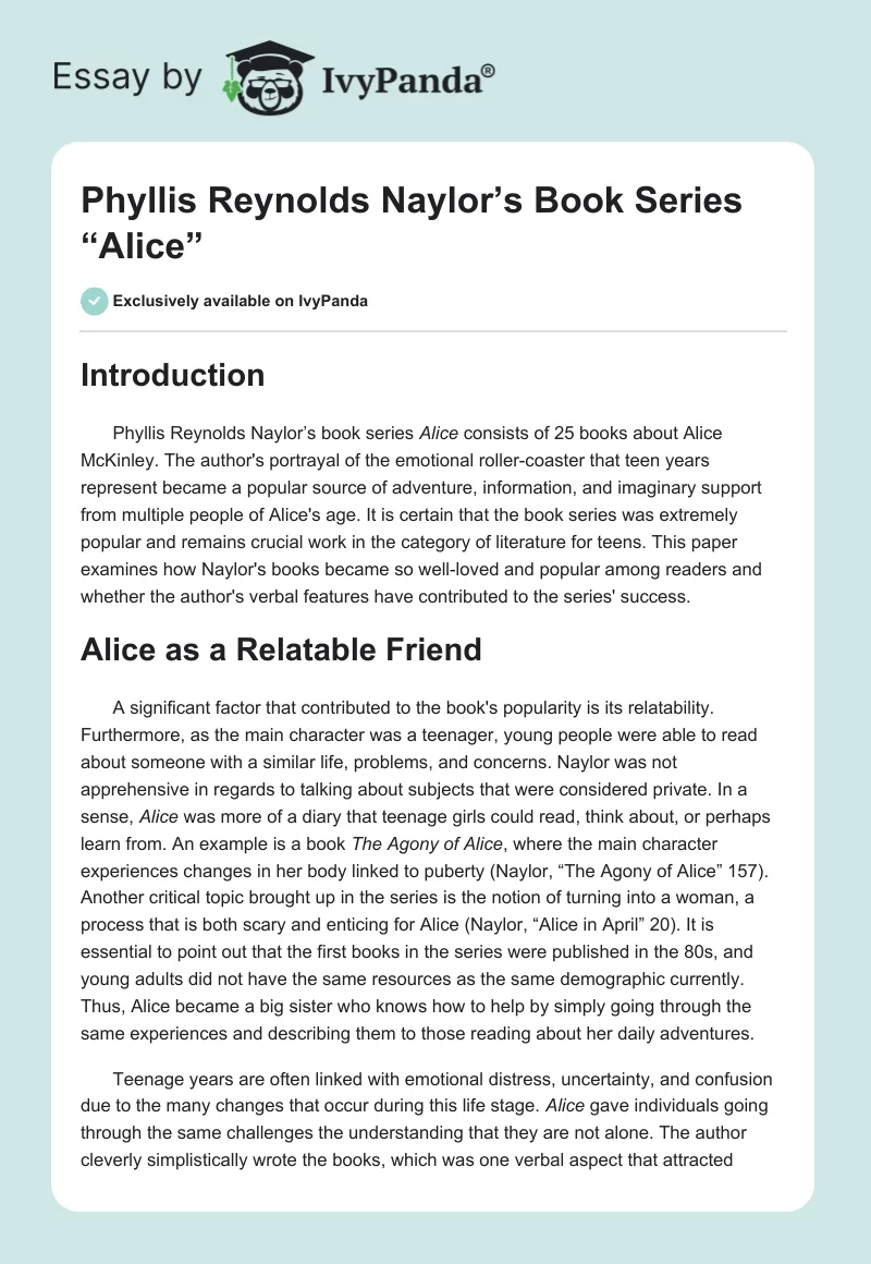 Phyllis Reynolds Naylor’s Book Series “Alice”. Page 1