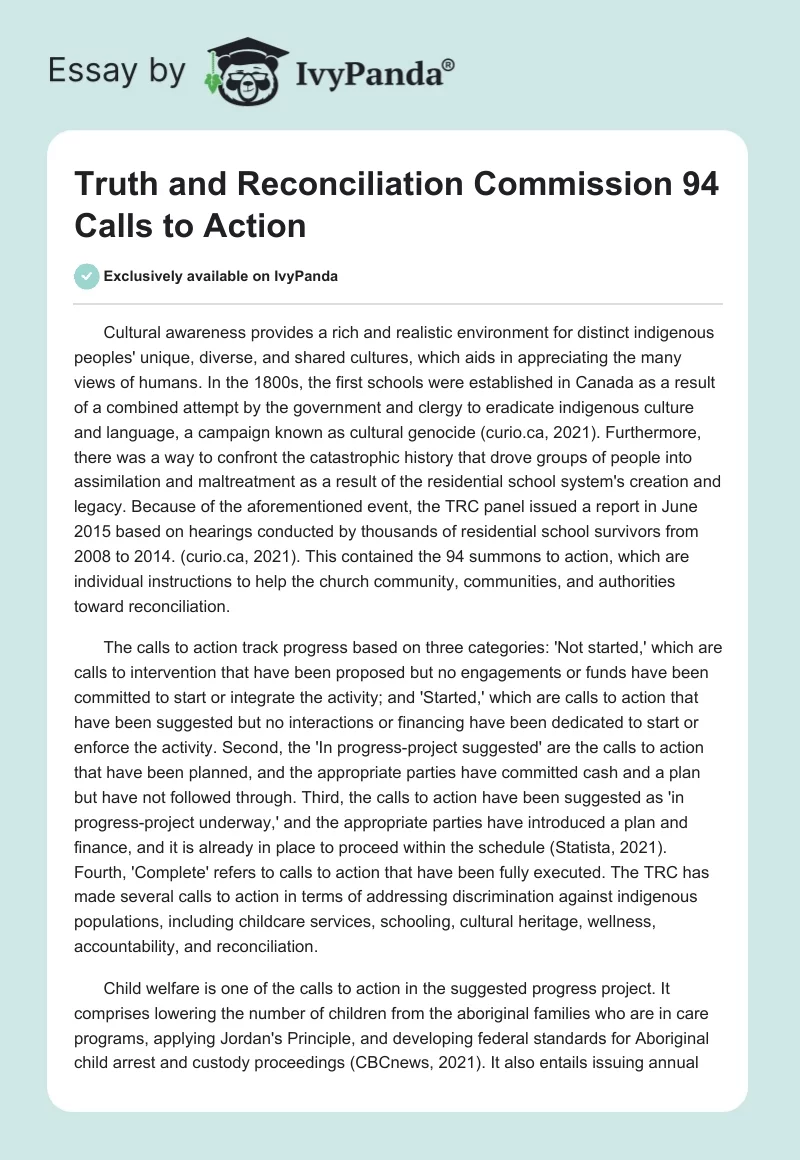 Truth and Reconciliation Commission 94 Calls to Action. Page 1