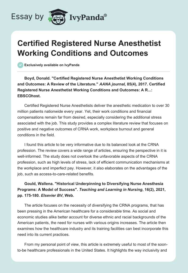 Certified Registered Nurse Anesthetist Working Conditions and Outcomes. Page 1